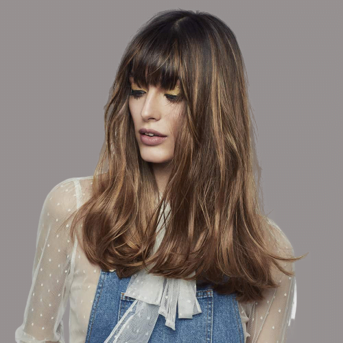 Long balayage hairstyle with bangs